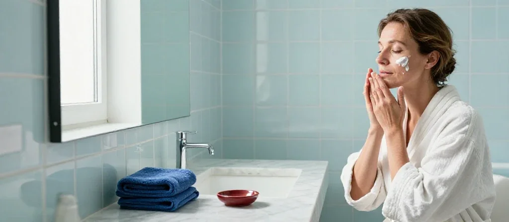 Femme française appliquant des produits de soin pour illustrer des conseils de bien-être quotidiens.